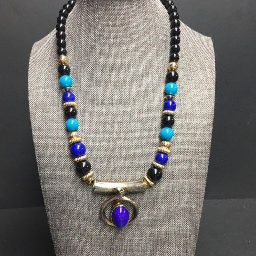 Retro Necklace Gold Slider Pendant Purple Turquoise Blue Black Fluted Round BoHo